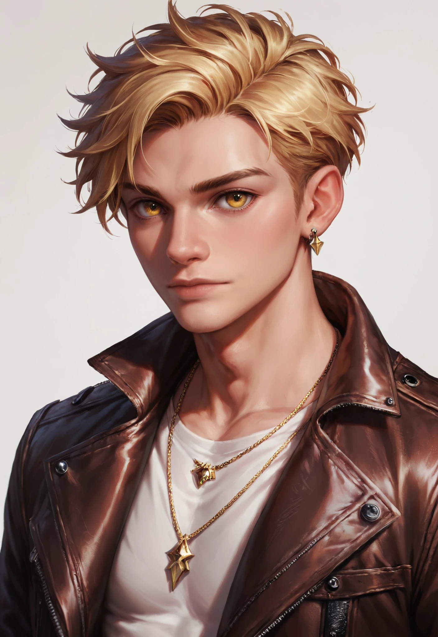 score_9, score_8_up, score_7_up, solo, looking at viewer, short hair, blonde hair, simple background, shirt, 1boy, jewelry, closed mouth, jacket, yellow eyes, upper body, male focus, earrings, necklace, portrait, brown jacket, realistic, nose, leather, leather jacket