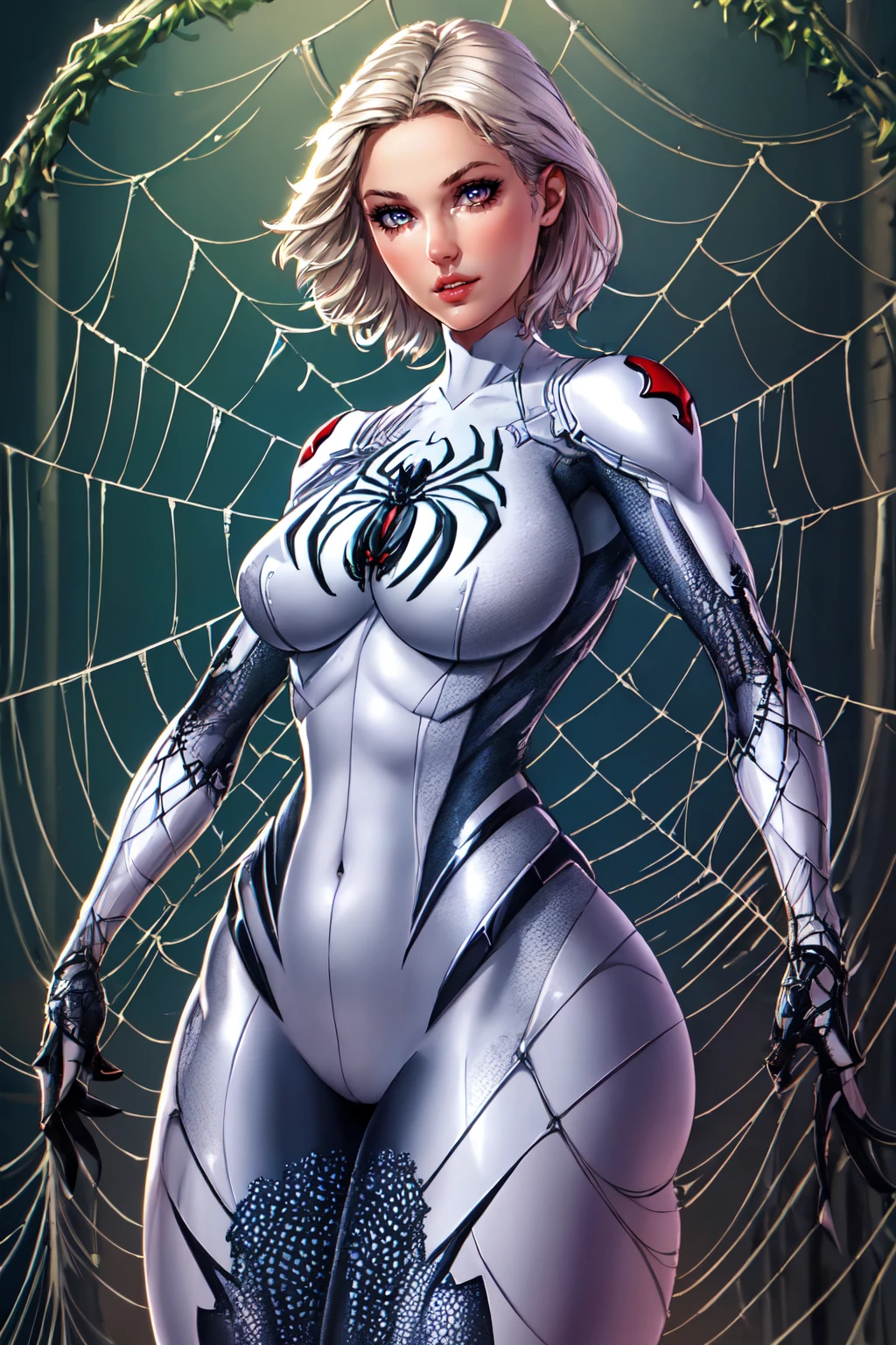 beautiful eyes, beautiful girl, high detail skin, high detail eyes, high detail hair, highres, ultra detailed, sharpen picture, Highly detailed, masterpiece, best quality, photorealistic,
 <lora:white widowLoRA:0.8> 1girl, short hair, bodysuit, spider web, spider:1.2, transformation