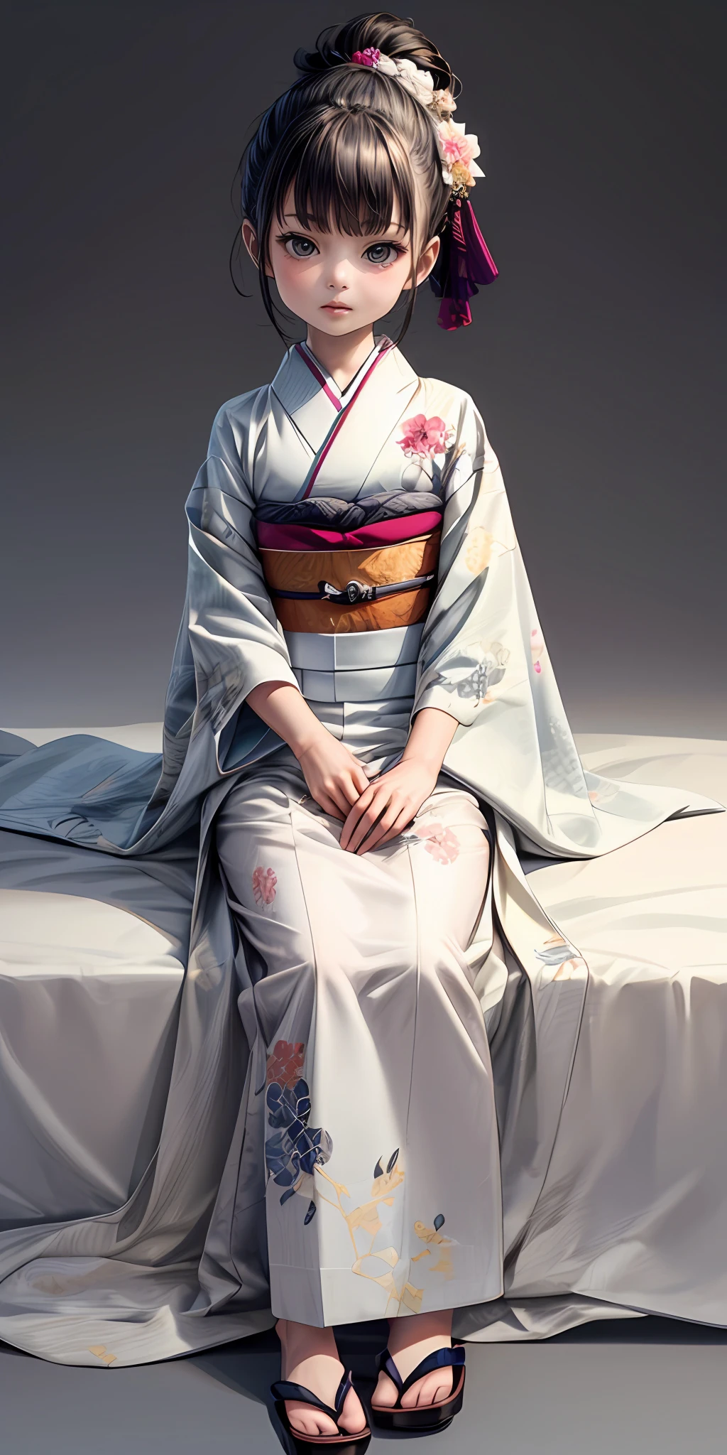(masterpiece,ultra-detailed,best quality,8K,CG,illustration,shaved:1.0),(ite girl:1.2), <lora:more_details:1> ,simple background, <lora:jyoji fuku v15.0:0.5> jyojifuku, furisode, kimono, long sleeves, hair ornament, sitting