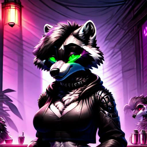(animal_raccoon furry: 1.5), raccoon, female, (vagina, breasts:1.3 ), (feminine:1.8), (humanoid_hands:1:2) humanoid, solo, fluffy, soft lighting ,(fluffy fur:1.1), masterpiece, raccoon, cyberpunk 2077, glowing eyes, purple, fluffy ,(fluffy fur:1), high quality, detailed face, ray traced, masterpiece, highly detailed eyes, dark room, <lyco:Fucked Silly:0.7>, masterpiece, best quality, CG, wallpaper, HDR, high quality, high-definition, extremely detailed, lost, looking out a window, rain, fire light, shorthair, mega boobs, perfect body, beautiful face, (black_armored_hoodie:1.2),(black_armored_Crop top:1.3), (black_armored jacket collar:1.3), (purple_neon markings:1.2), (green_neon markings:1.3), 4k, high-res, masterpiece, best quality, (head:1.3), finely detailed fur, cleavage<lora:Furtastic_Detailer:1>, <lora:add_detail:0.19> ,<lora:more_details:0.19>, cyberpunk coffee shop, back light, morning dawn, dense fog, oil and watercolor painting, epic scene, haunting mist, (tech_warlock:1.2), cyborg