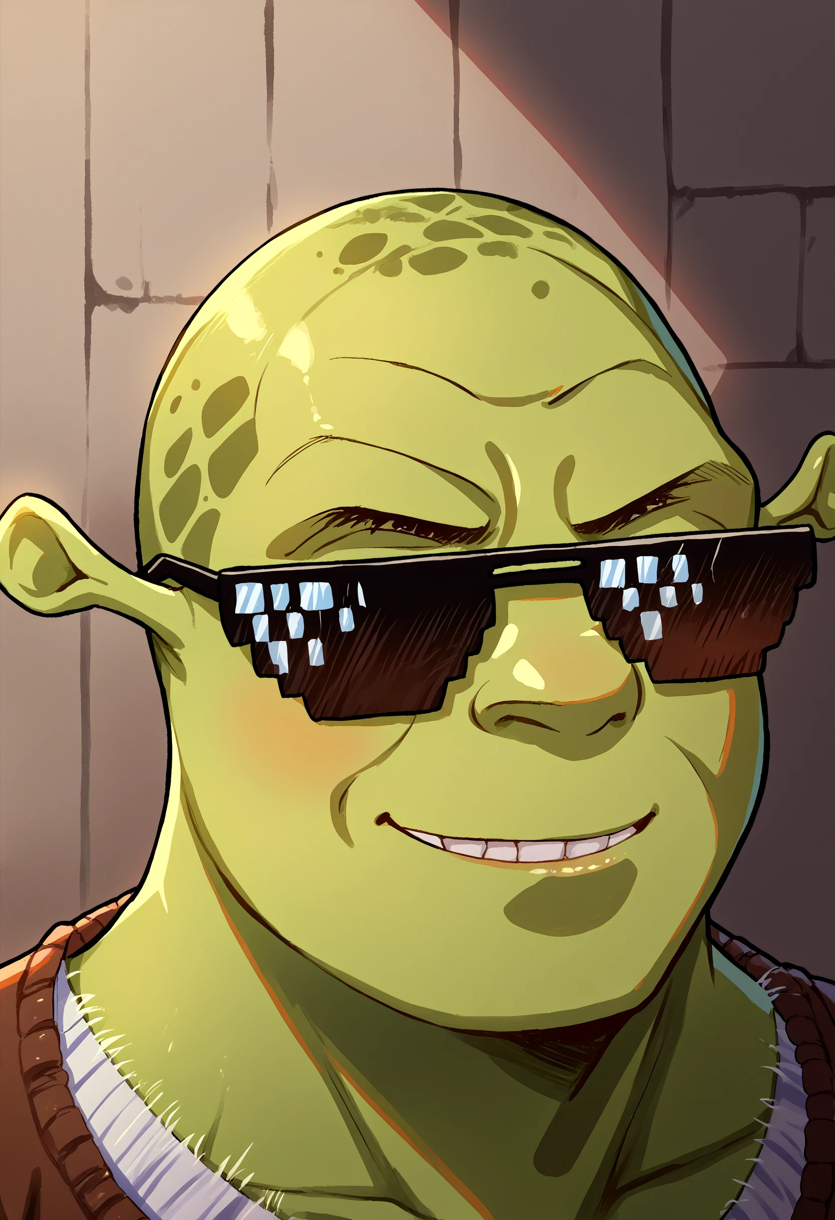 score_9, score_8_up, source_anime, 1girl, incrsxldealwithit, sunglasses, <lora:DealWithIt_XLPD:1>, <lora:Shrek_XLPD:1>, shrek, green skin, smirk, looking over,