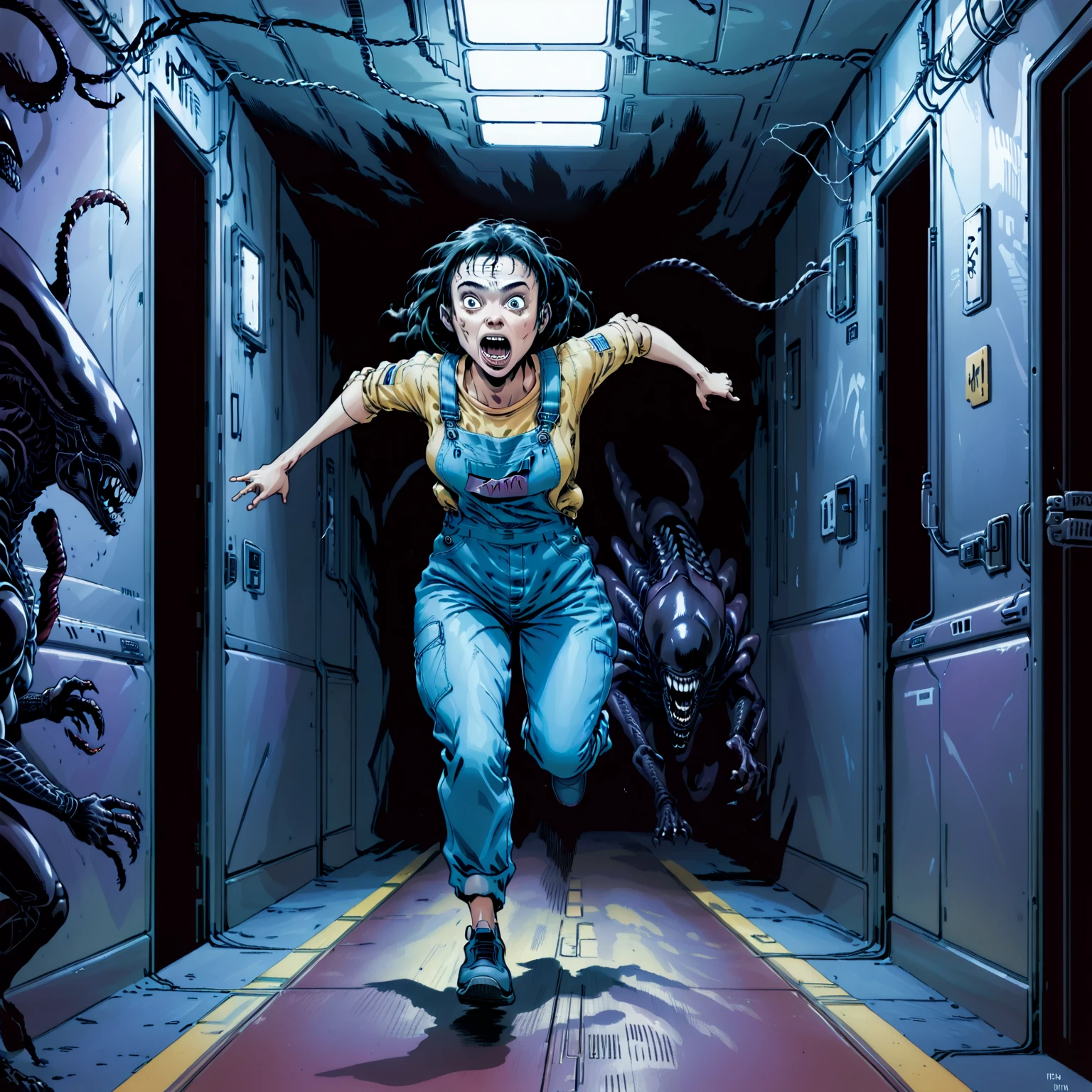 A woman running from a monster, in a spaceship corridor, xenocomic, xenomorph, teeth, horror_(theme), overalls, panic, fear,