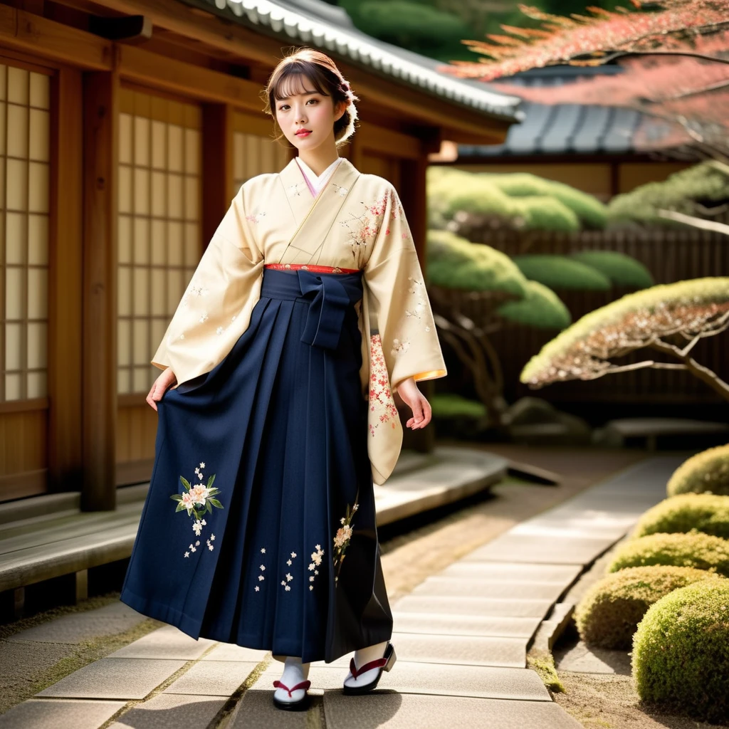 Generate a realistic image of a young girl dressed in Taisho-era clothing, specifically wearing a Hakama rental. Capture the elegance and historical accuracy of the outfit, highlighting the unique design and patterns characteristic of the period. The scene should reflect a serene and culturally rich setting, possibly with traditional Japanese elements in the background like sliding doors or a tranquil garden. Focus on the details of the Hakama, from its flowing fabric to the intricate accessories, showcasing the beauty and grace of traditional Japanese attire,full body, <lora:hakama:0.85>