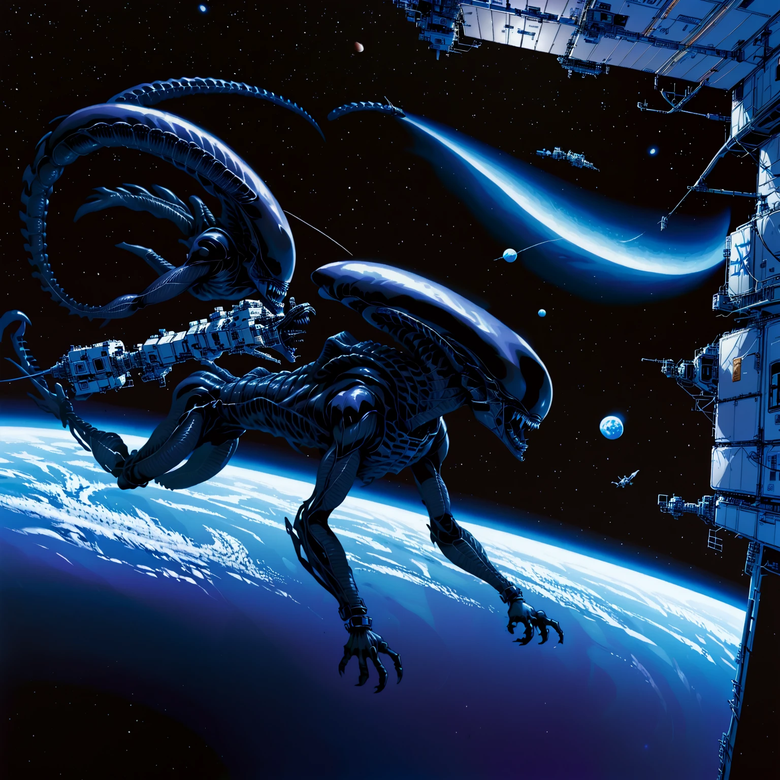 a xenomorph floating in space, space station,