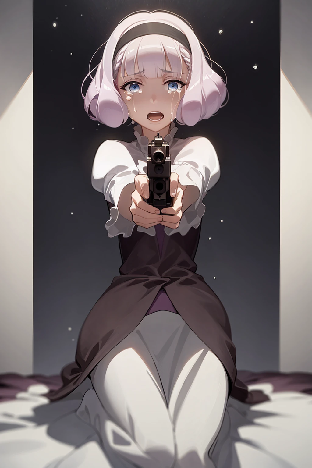 masterpiece, best quality, <lora:lemrina:1>,
lemrina vers envers, 1girl, weapon, solo, gun, hairband, tears, purple hair, bob cut, bangs, short hair, handgun, blunt bangs, crying, open mouth, blue eyes, holding, holding weapon, holding gun, aiming at viewer, looking at viewer