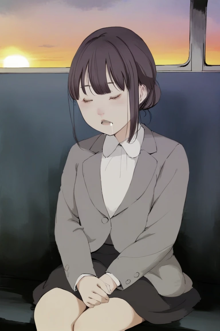 score_9, score_8_up, score_7_up, rating_safe BREAK
1girl, solo, single hair bun, dark hair, closed eyes, sleepy, sleeping, (open mouth), (drool), grey blazer, white shirt, formal suit, skirt, sitting, (v arms:0.8), public train, train interior, city background, sunset