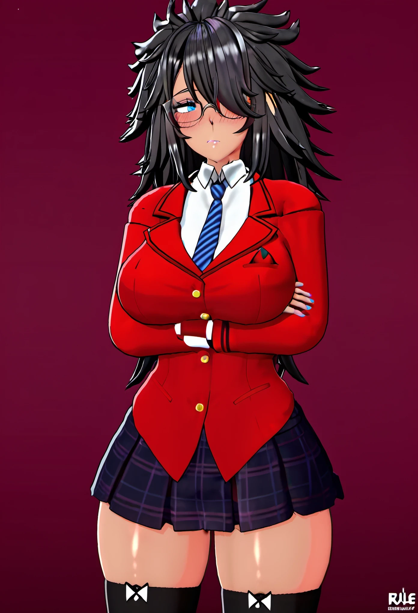 (8k, RAW photos, top quality, masterpiece: 1.2), (High Quality), ray tracing, HDR, (High Details), (Face detail), (Shadow Detail), 1girl, solo, Zentreya, 3d, 3d render, Dark skinned female, large breasts, black hair, Blue eyes, crossed arms, blush, messy hair, bangs, one eye covered, glasses, partially nude, looking away, school uniform, skirt, thick thighs, thigh highs, undressing,