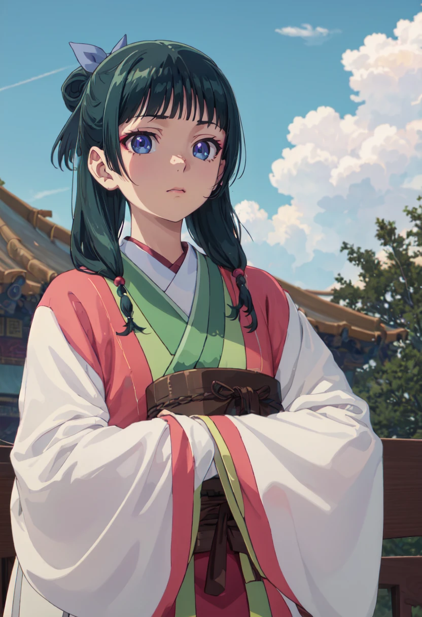 best quality, masterpiece, highres, solo, (maomao_theapothecarydiaries:1.10), 1girl, day, outdoors, closed mouth, cloud, hanfu, long sleeves, upper body, blue sky, hair beads, anime_style, 6 <lora:maomao_theapothecarydiaries:0.80>