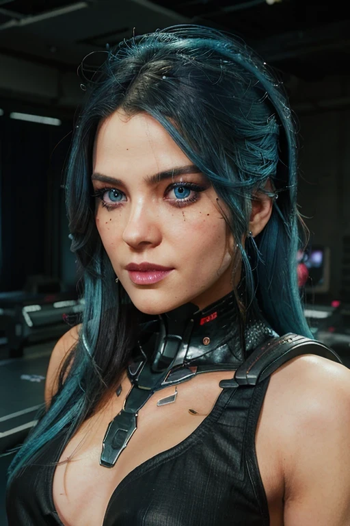 1girl, solo, long hair, looking at viewer, blue eyes, blue hair, upper body, signature, gradient, gradient background, makeup, lipstick, science fiction, android, cyborg, purple lips, cyberpunk, cyberware, UHD, masterpiece, ccurate, anatomically correct, super detailled, high details, high quality, award winning, best quality, highres, 16k, perfect hands, perfect anatomy, beautifull face, ultra detailled face, (black top), robotic eyes, mechanical eyes, facial markings