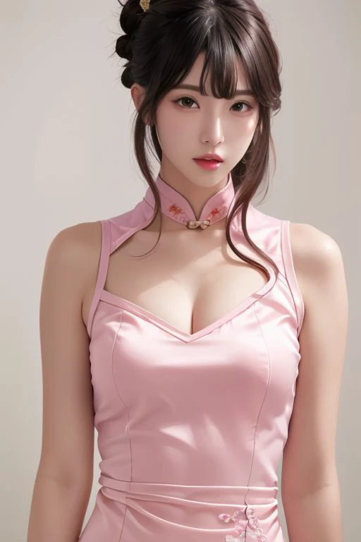 1girl,1 face,bangs,cosmetic textures,cosmetic features,Photorealistic, Attractive Model Masterpiece, //stunning narrow waist,Artstation. 8k sharp focus, photorealism,nsfw,uncensored,(slim:1.2),//pink silky cheongsam,pink silky qipao