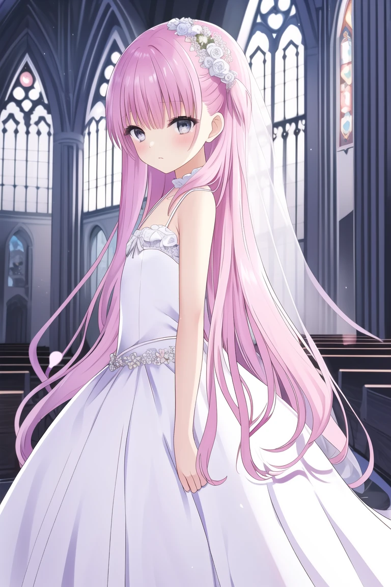 ((masterpiece)),(((best quality))), ((ultra-detailed)), ((illustration)), masterpiece, best quality, highres, {beautiful detailed eyes}, finely detail, 4k wallpaper, beautiful detailed eyes,
(umi:1), (solo:1.1), (bride:1.3), (endlessly growing absurdly long pink hair:1.3), (two sides up:1.2), (standing in a church wedding:1), (wearing white frilled wedding dress:1.1), (very small breasts, flat chest:1), (very shy, blush:1.2), grey eyes
<lora:umi-05:0.6><lora:BA_style:0.2>