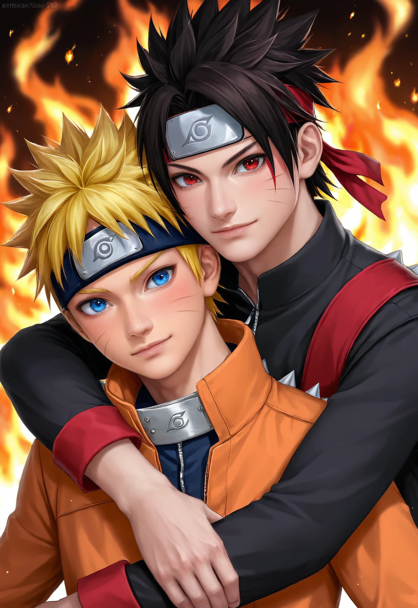 i want the whole image to be created in 3D anime style, looking at viewer, short hair, blue eyes, blonde hair, brown hair, black hair, red eyes, long sleeves, closed mouth, upper body, male focus, multiple boys, artist name, 2boys, hug, headband, watermark, facial mark, fire, spiked hair, web address, hug from behind, realistic, nose, whisker markings, forehead protector, embers, konohagakure symbol, Uchiha Sasuke and uzumaki naruto