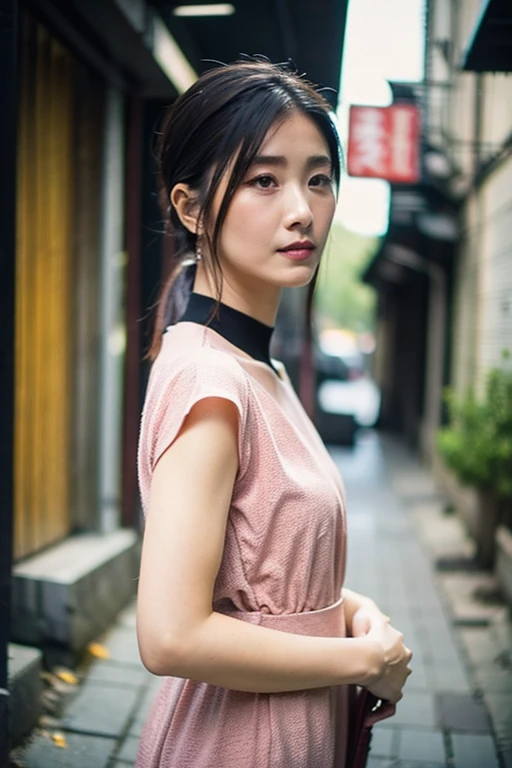 Best quality,masterpiece,ultra high res,photorealistic,1girl,slim body,japanese street alley,dynamic pose,face closeup,depth of field,teen,<lora:zhiying_zhu:1>,china_dress,