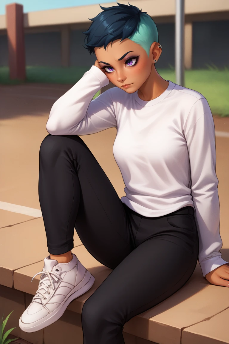 score_9, score_8_up, score_7_up, BREAK, 1girl, solo, breasts, <lora:rileyfairfeather-guy-PONYv1:.9>, rileyfairfeather, dark skin, undercut, multicolored hair, freckles, makeup, piercing, long sleeves, shirt, black pants, sneakers, sitting, seiza,