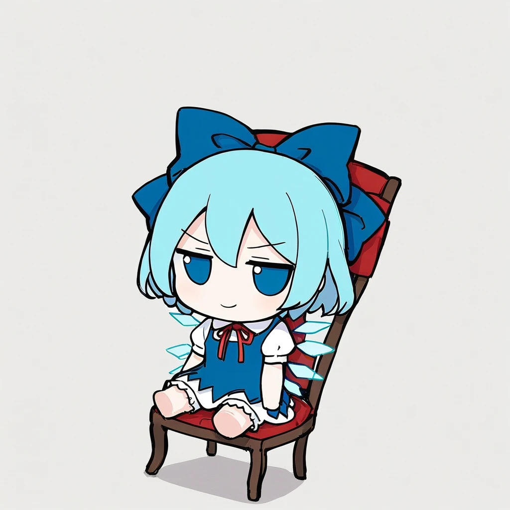 <lora:xl_fumo_(doll)(a3.1) :1>,cirno, 1girl, solo, wings, blue eyes, blue hair, bow, dress, blue dress, blue bow, hair bow, white background, sitting, simple background, short hair, smile, ice wings, chair, shirt, short sleeves, ice, full body, white shirt, neck ribbon, barefoot, red ribbon, sleeveless dress, collared shirt, ribbon, on chair, pinafore dress, closed mouth, sleeveless, puffy short sleeves, watermark, puffy sleeves, chibi, looking at viewer, bloomers, masterpiece,best quality,