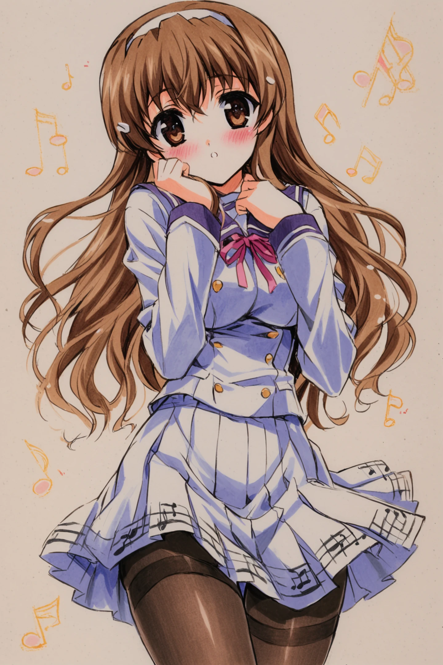 Nogizaka Haruka, 1girl, solo, pantyhose, school uniform, brown hair, long hair, brown eyes, hairband, musical note, blush, thighband pantyhose, traditional media,<lora:shaa_XL:0.8>,