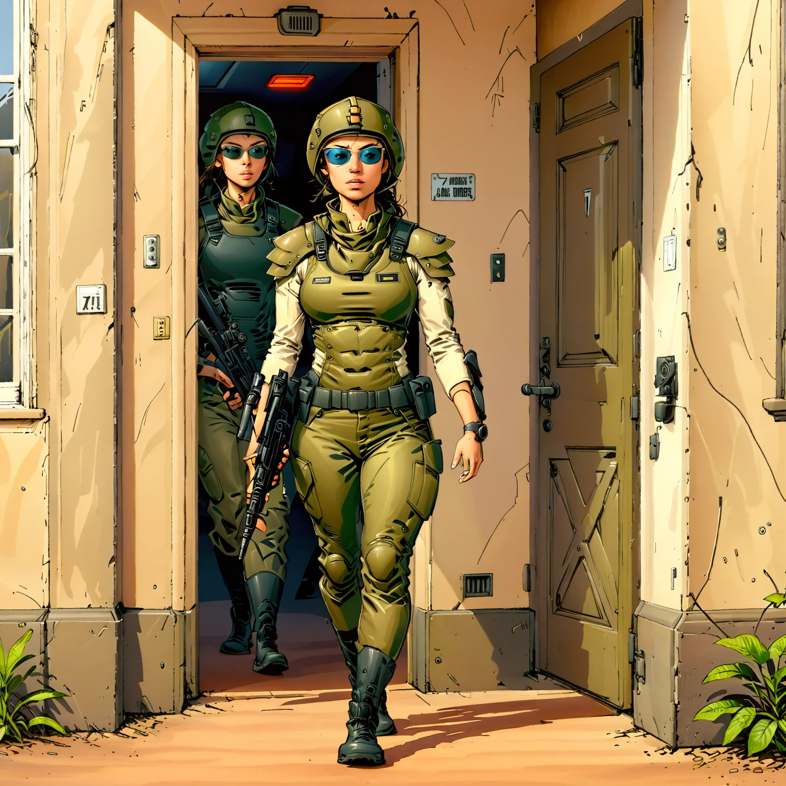 a military soldier with mirrored sunglasses guarding a doorway, military uniform, overalls, helmet, athletic, rifle, armor, woman, solo