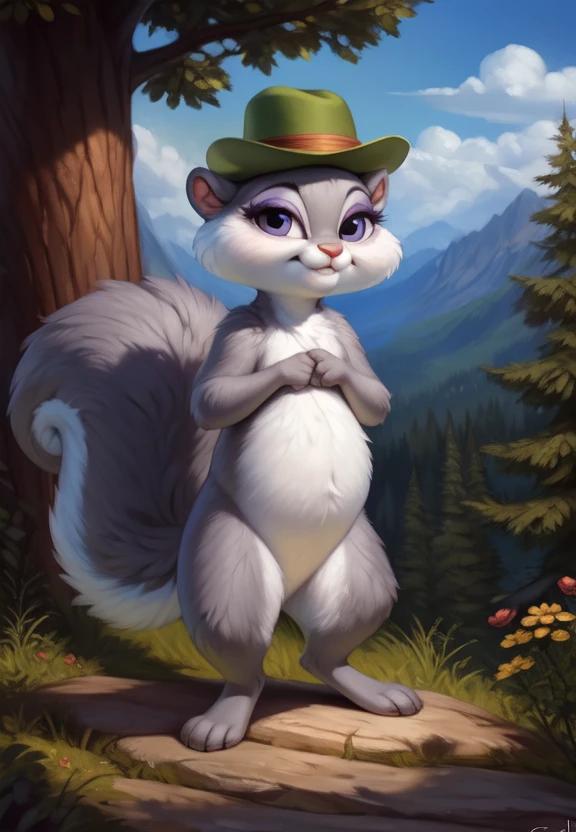 <lora:SlappySquirrelCartoonYif:0.85>     solo,   looking at viewer,   SlappySquirrelCartoon, Squirrel,smal  green hat with flower, purple eyelids, gray fur,   white sclera,
(beautiful, aesthetic, perfect, delicate, intricate, masterpiece, )  textured fur, [Forest,  lake, clouds, bushes,] standing
by ulitochka, by taran fiddler, by Silverfox5213, by personalami,