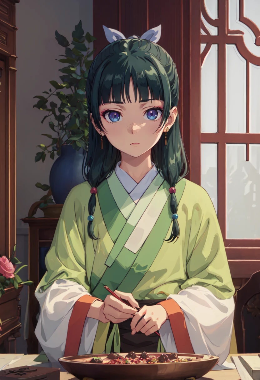 best quality, masterpiece, highres, solo, (maomao_theapothecarydiaries:1.10), 1girl, hair beads, hanfu, long sleeves, closed mouth, indoors, upper body, table, multi-tied hair, anime_style, 3 <lora:maomao_theapothecarydiaries:0.80>