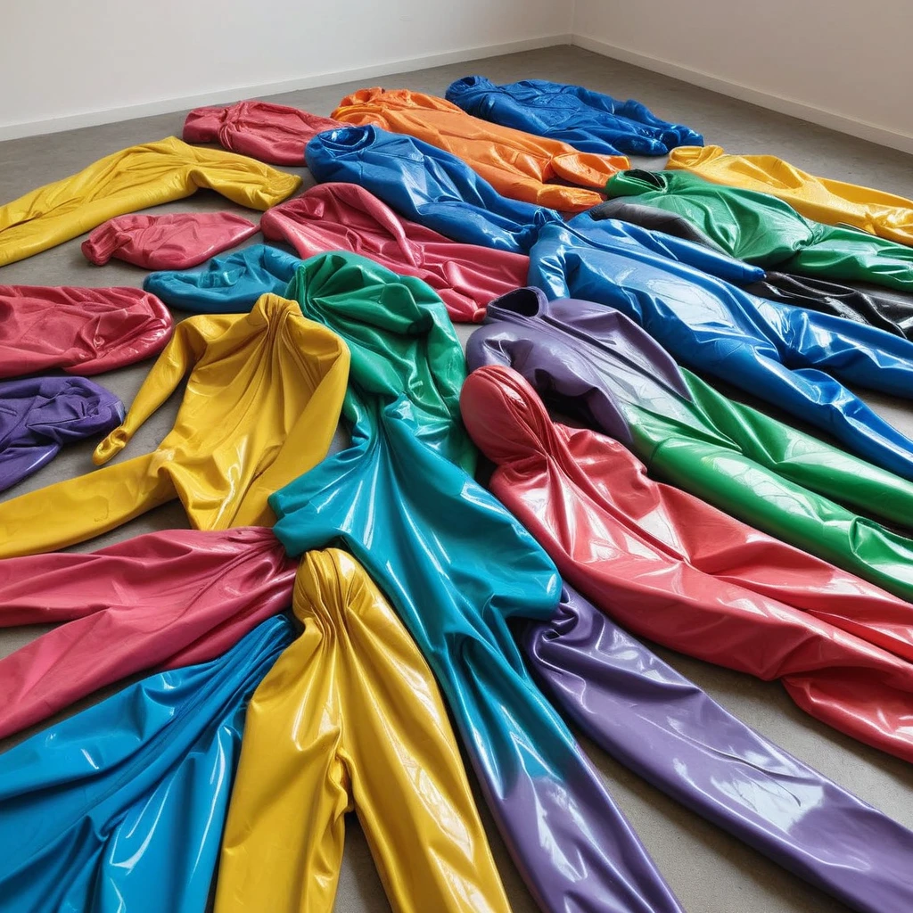 A pile of Deflated creased folded latex glossy multicoloured catsuits<lora:deflated_v3-000004:1>