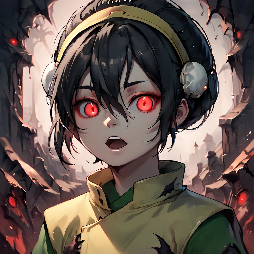 score_9, score_8_up, score_7_up,
 earth nation clothing,1girl,solo,looking at viewer,short hair,open mouth,black hair,hair between eyes,hairband,hair bun,red eyes,portrait,bun cover,yellow hairband,blind 
,<lora:Toph_ponyXL:0.6>, <lora:Corruption:0.2> Corrupted, corrupted clothing style, <lora:MadnessStylePony:0.2> Madness, <lora:LowKeyLightsPony21:0.3> LowKeyLights