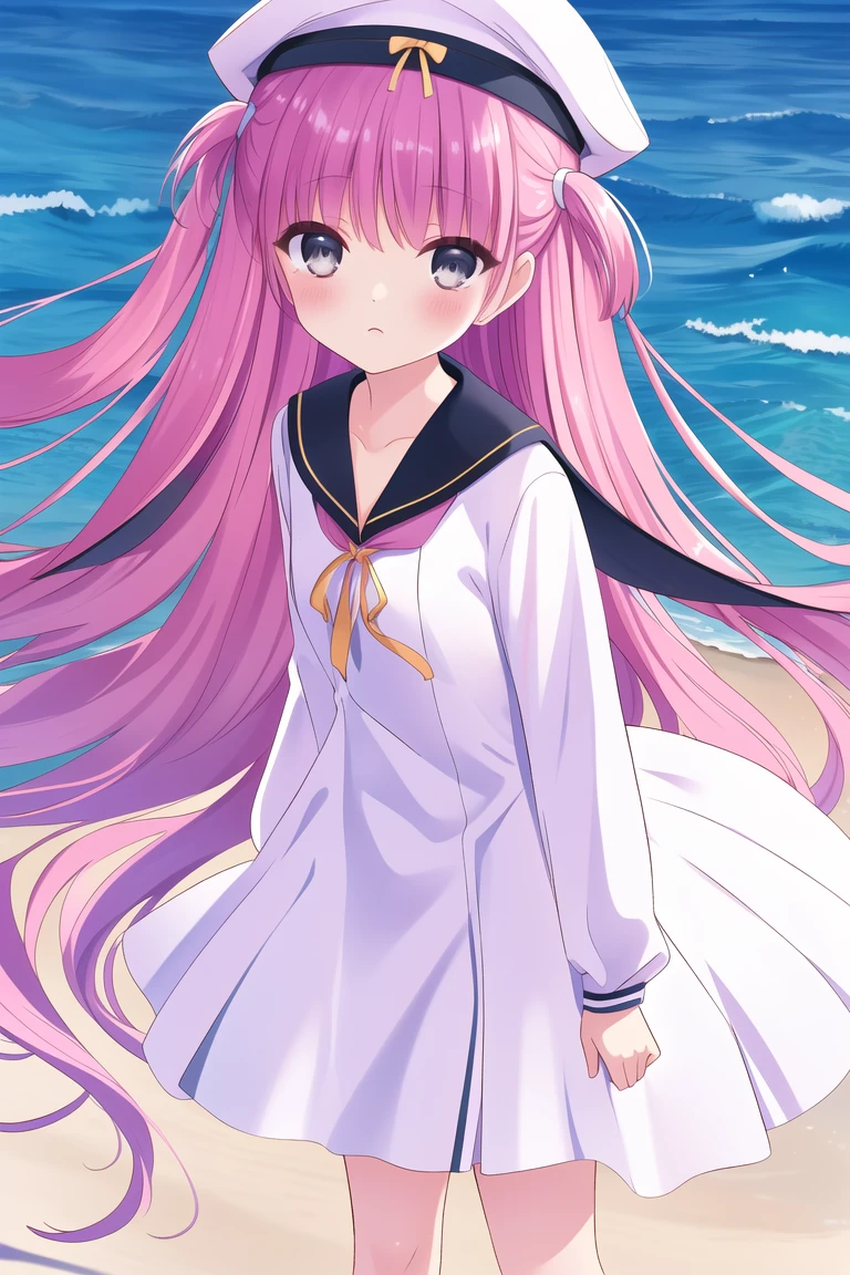 ((masterpiece)),(((best quality))), ((ultra-detailed)), ((illustration)), masterpiece, best quality, highres, {beautiful detailed eyes}, finely detail, 4k wallpaper, beautiful detailed eyes,
(umi:1), (solo:1.1), (endlessly growing absurdly long pink hair:1.3), (two sides up:1.2), (standing on a beach:1.2), (wearing white sailor shirt, sailor skirt, sailor collor, white hat, white beret:1.2), (very small breasts, flat chest:1), (very shy, blush:1.2), (grey eyes:1.0)
<lora:umi-05:0.7><lora:BA_style:0.2>