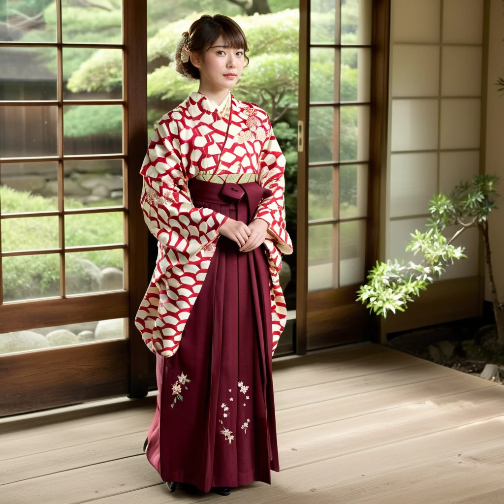 Generate a realistic image of a young girl dressed in Taisho-era clothing, specifically wearing a Hakama rental. Capture the elegance and historical accuracy of the outfit, highlighting the unique design and patterns characteristic of the period. The scene should reflect a serene and culturally rich setting, possibly with traditional Japanese elements in the background like sliding doors or a tranquil garden. Focus on the details of the Hakama, from its flowing fabric to the intricate accessories, showcasing the beauty and grace of traditional Japanese attire,full body, <lora:hakama:0.85>