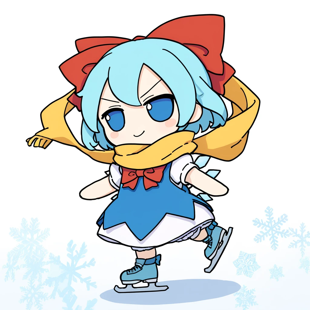 <lora:xl_fumo_(doll)(a3.1) :1>,1girl,cirno,blue dress,dress,bow,blue hair,blue eyes,short hair,hair bow,solo,white background,blue bow,scarf,ice,simple background,pinafore dress,sleeveless,red bow,shirt,sleeveless dress,skates,white shirt,short sleeves,ice wings,red bowtie,smile,yellow scarf,v-shaped eyebrows,bowtie,blue footwear,snowflakes,puffy short sleeves,wings,, masterpiece,best quality,