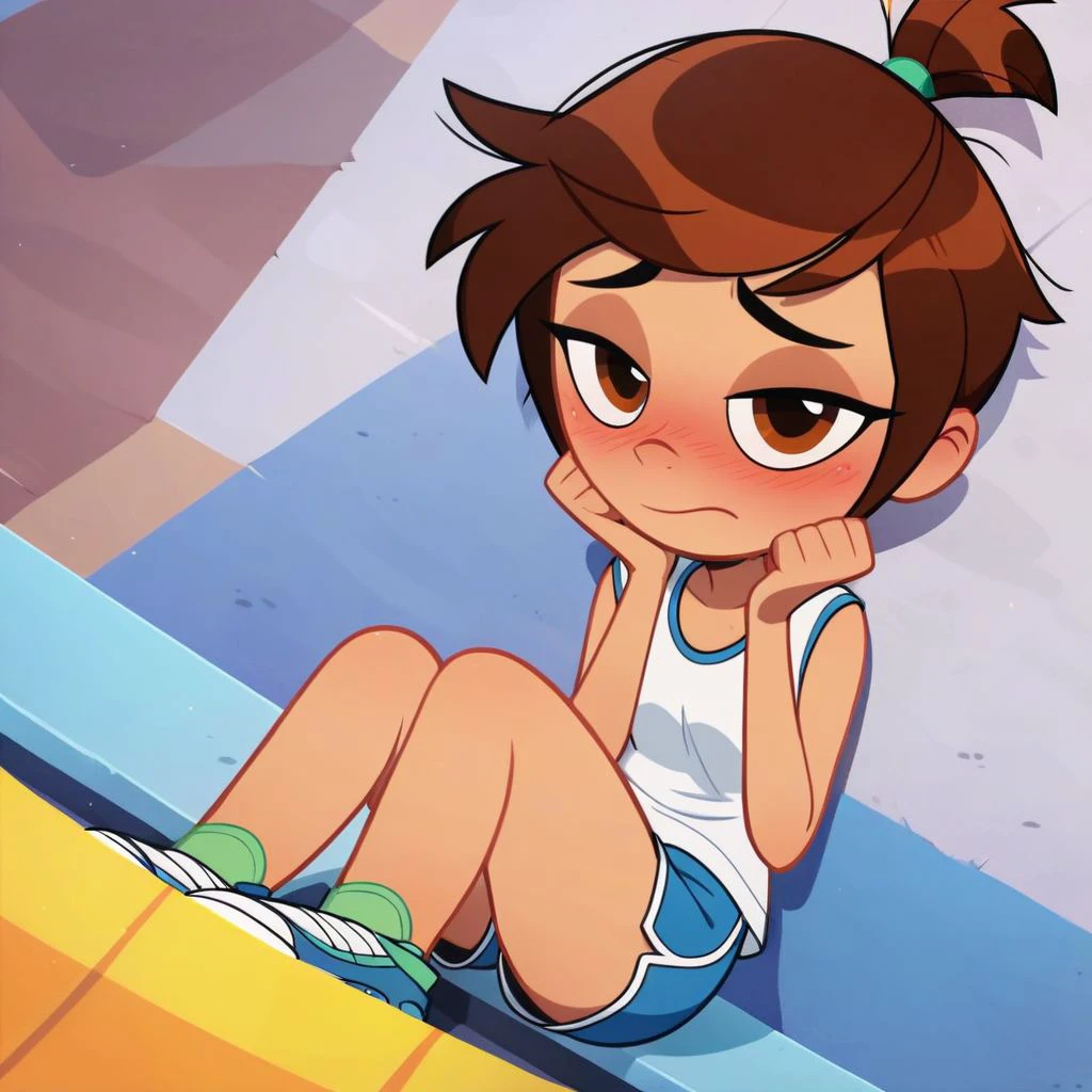 score_9, score_8_up, score_7_up, score_6_up,score_5_up,score_4_up, cartoon accurate, source cartoon, MollyMcGee, brown eyes, brown hair, short ponytail, petite, blue jacket, white t-shirt with black hems, blue dolphin shorts,, white and green socks, blue tennis shoes, bedroom eyes, cute, sitting on a bench, cute, embarrassed, teasing, looking at you, POV,