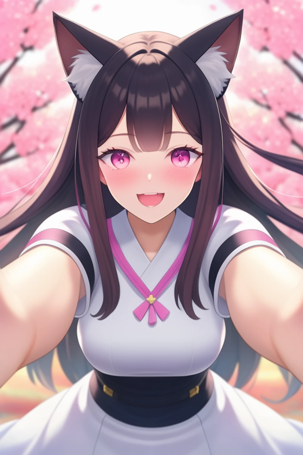 newest, 1girl, solo, looking at viewer, blush, light smile, cat ears, long hair, cherry blossoms, depth of field, pov, open arms, open mouth,