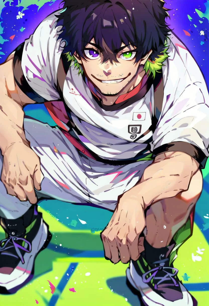 score_9, score_8_up, score_7_up, oliver aiku, 1boy, solo, black hair, green hair, heterochromia, purple eyes, green eyes, facial hair, stubble, white sportswear, smile, looking at viewer