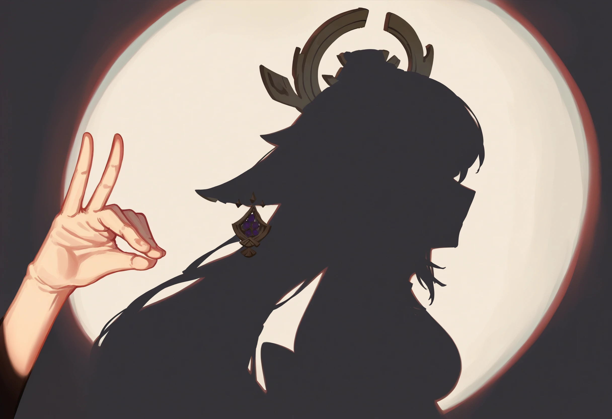 score_9, score_8_up, source_anime, 1girl, IncrsShadowPuppet, silhouette, shadow, from side, solo focus, <lora:HololiveShadowPuppetMeme_XLPD:1>, yae miko, hand gesture,