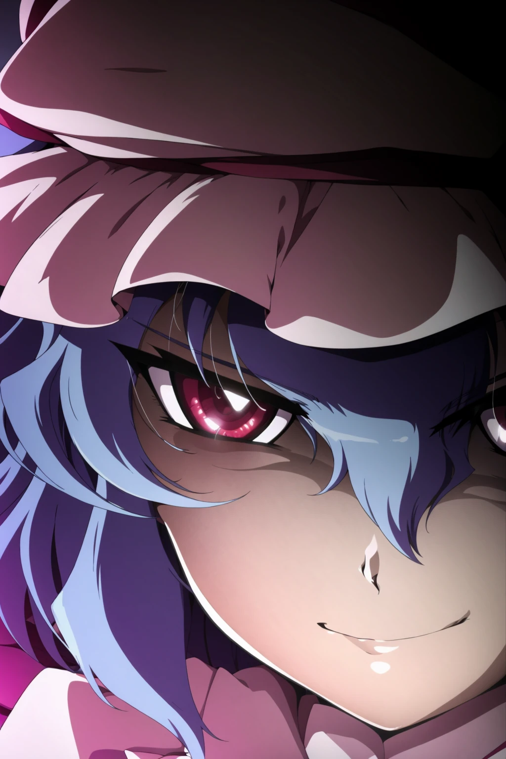 masterpiece, best quality, <lora:tgm-v2:1>,pixiv,1girl, solo, red eyes, blue hair, hat, smile, remilia scarlet, glowing eyes, close-up, glowing, looking at viewer, short hair, smirk, slit pupils, hair between eyes, mob cap, closed mouth, portrait, eye focus, parody, >:)