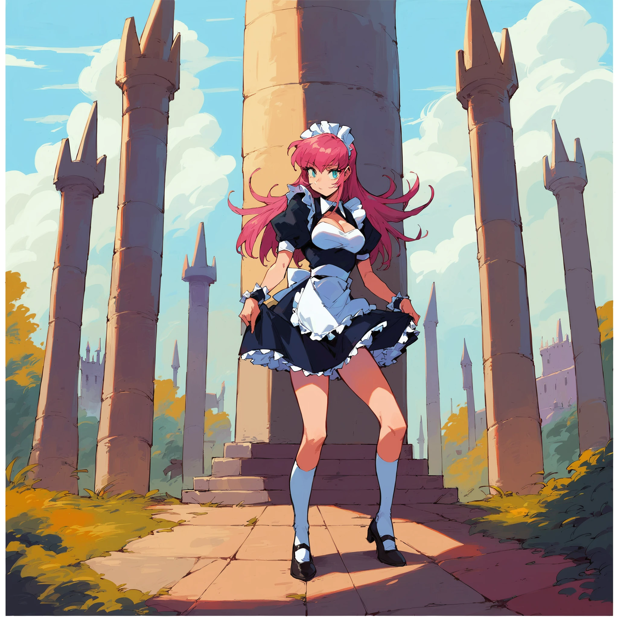 score_9, score_8_up, score_7_up, r4ik4gr4c3,1girl,solo,pink hair, long hair, maid uniform, standing, castle background <lora:r4ik4gr4c3_encore:1>