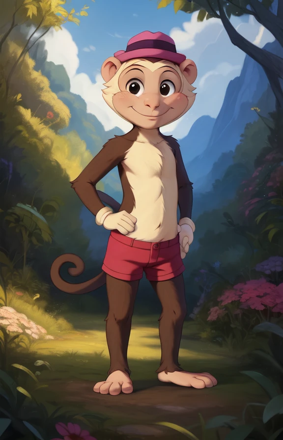 <lora:LuizMoncWudiG(lierla)Yi:0.9>  LuizMoncWudiG(lierla)Yi, monkey, primate, shorts, hat, brown fur, chibi, (Hands on hips, standing,)
 solo,   looking at viewer,    (Tail), to his full height,   
(beautiful, aesthetic, perfect, delicate, intricate, masterpiece, )  textured fur, [Forest, clouds, bushes,]   
[by dagasi|ancesra:0.6], [by foxovh|personalami:0.5], [by einshelm|tom_fischbach],