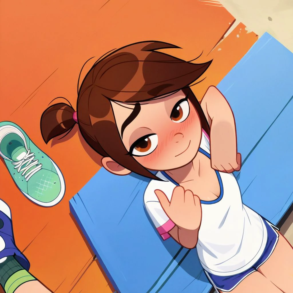 score_9, score_8_up, score_7_up, score_6_up,score_5_up,score_4_up, cartoon accurate, source cartoon, MollyMcGee, brown eyes, brown hair, short ponytail, petite, blue jacket, white t-shirt with black hems, blue dolphin shorts,, white and green socks, blue tennis shoes, bedroom eyes, cute, sitting on a bench, cute, embarrassed, teasing, looking at you, POV,