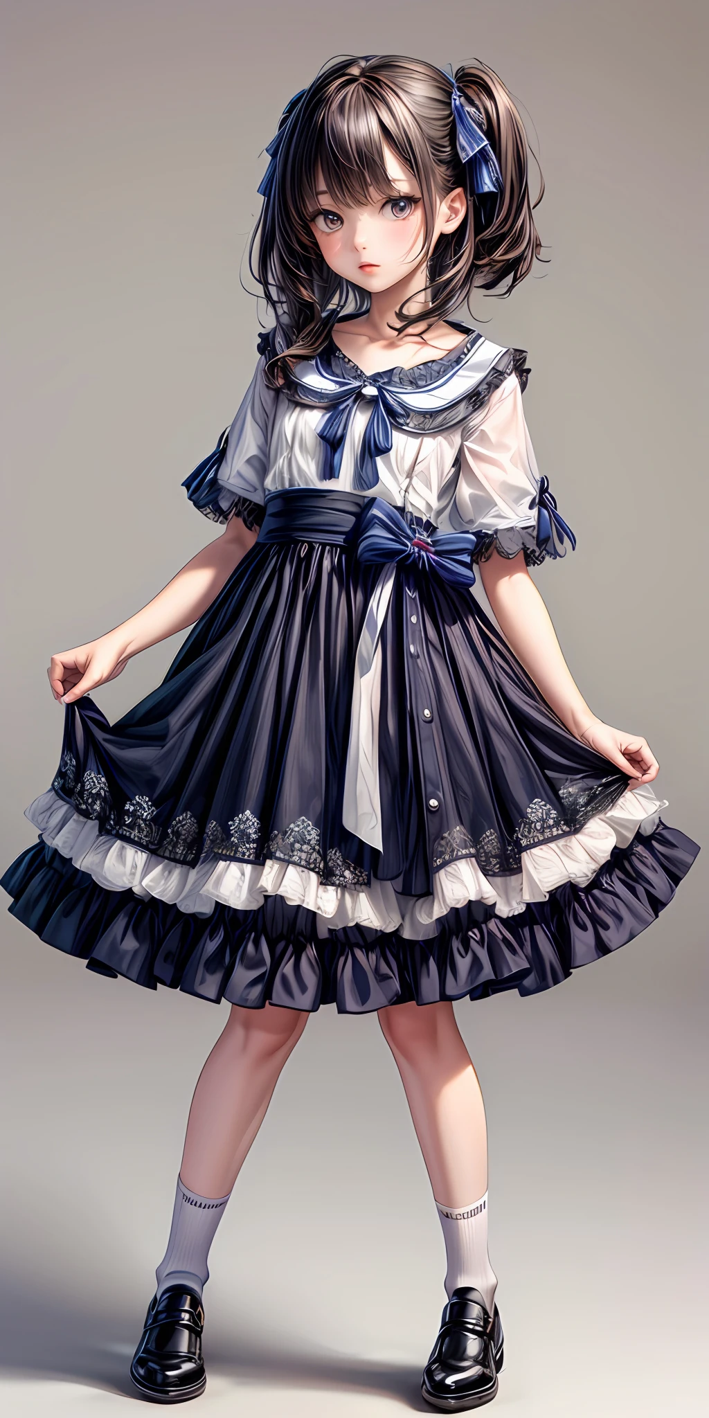 (masterpiece,ultra-detailed,best quality,8K,CG,illustration,shaved:1.0),(girl:1.0) <lora:more_details:1>, simple background, <lora:jyoji fuku v1:0.4> jyoni fuku, dress,ribbon,lace, socks, shoes