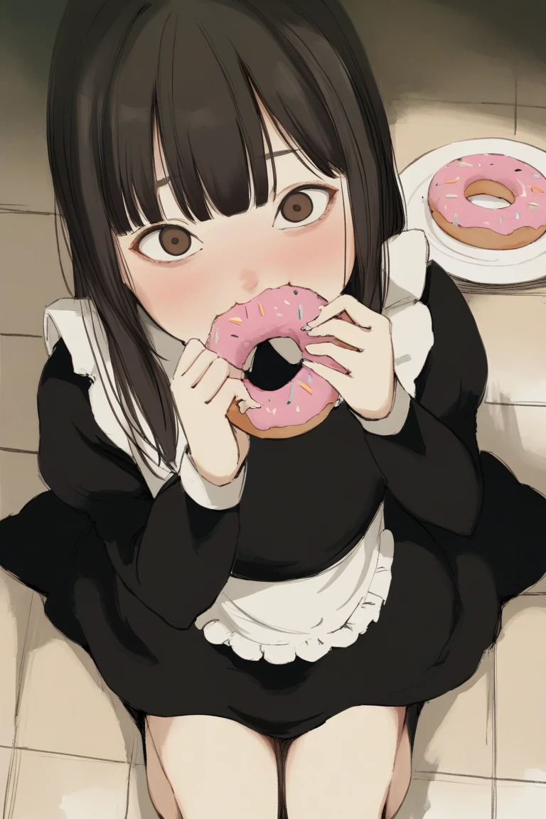 score_9, score_8_up, score_7_up, rating_safe BREAK
1girl, :s, puffy cheeks, surprised, shocked, (embarrased, full-face blush, blush lines:1.2), looking at viewer, long hair, black hair, brown eyes, black dress, maid dress, flat chest, sitting, on floor, eating, donuts, food, stack of plates, from above, (kitchen)