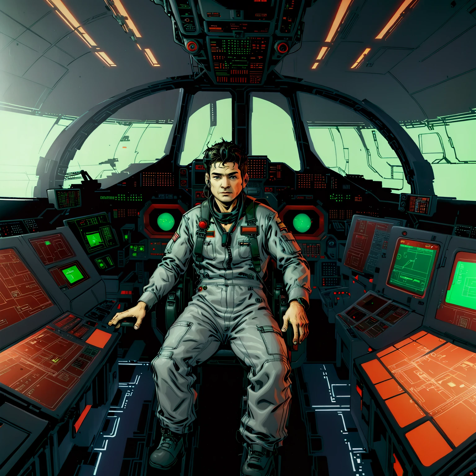 A pilot sat at the controls for a starship, red glow, green screens, technical, flying, cockpit, grey overalls, smokey,