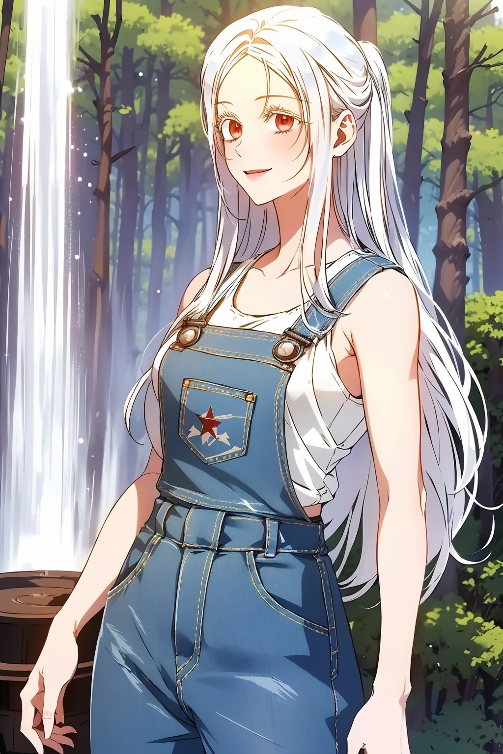 1girl, solo, red eyes, long hair, white hair, smile, parted bangs, (High-top Converse, Logo-print Crew Socks, Denim Overalls, Cropped Tank Top), (Hands on the waist looking to the side), (A misty forest filled with enchanted creatures and fairy dust.), <lora:Fiona-002-000011:0.8>