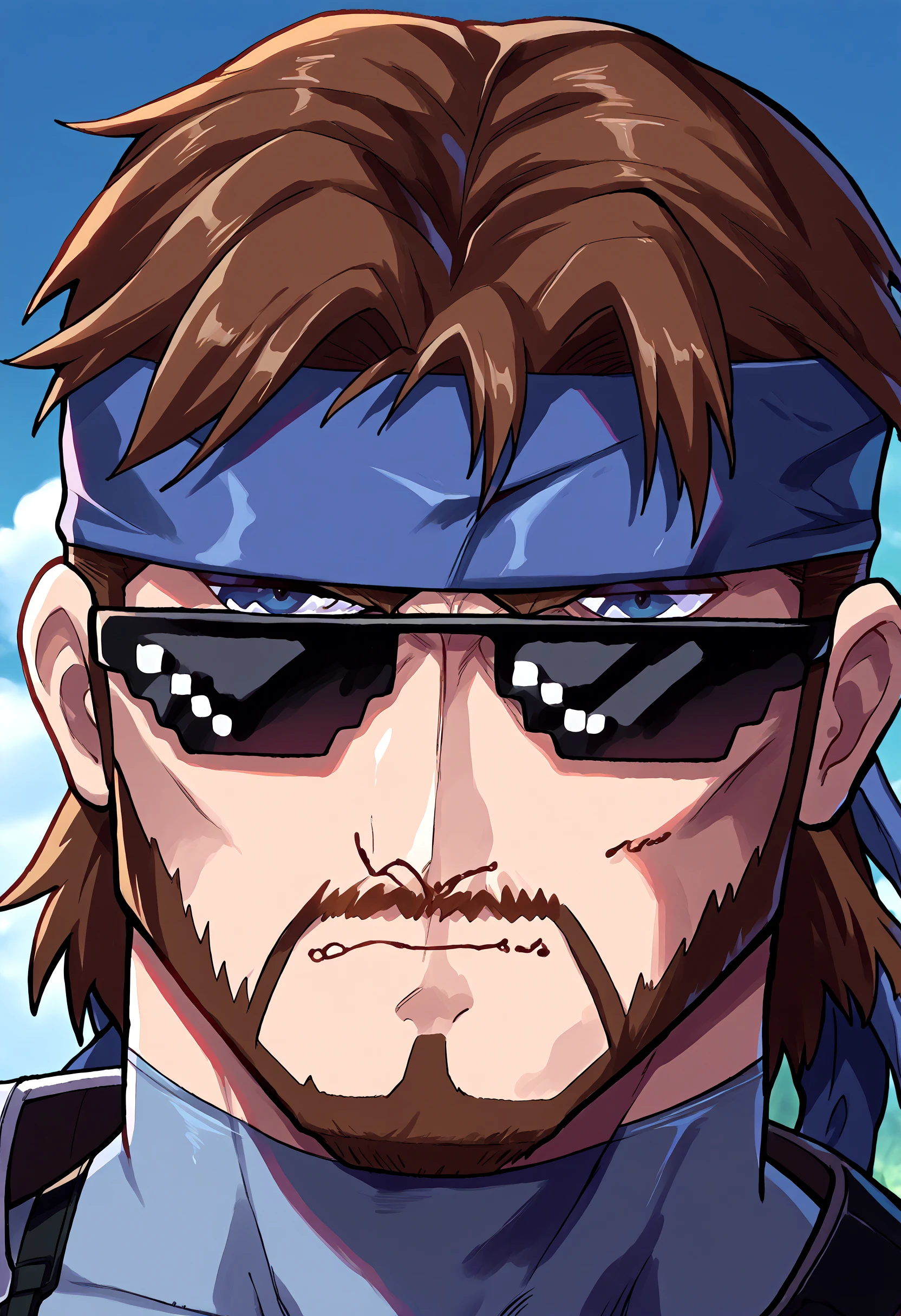 score_9, score_8_up, source_anime, 1boy, incrsxldealwithit, sunglasses, <lora:DealWithIt_XLPD:1>, <lora:solidsnake-pdxl-nvwls-v1:1>, solidsnake, brown hair, beard, facial hair, headband, blue bodysuit, mature male