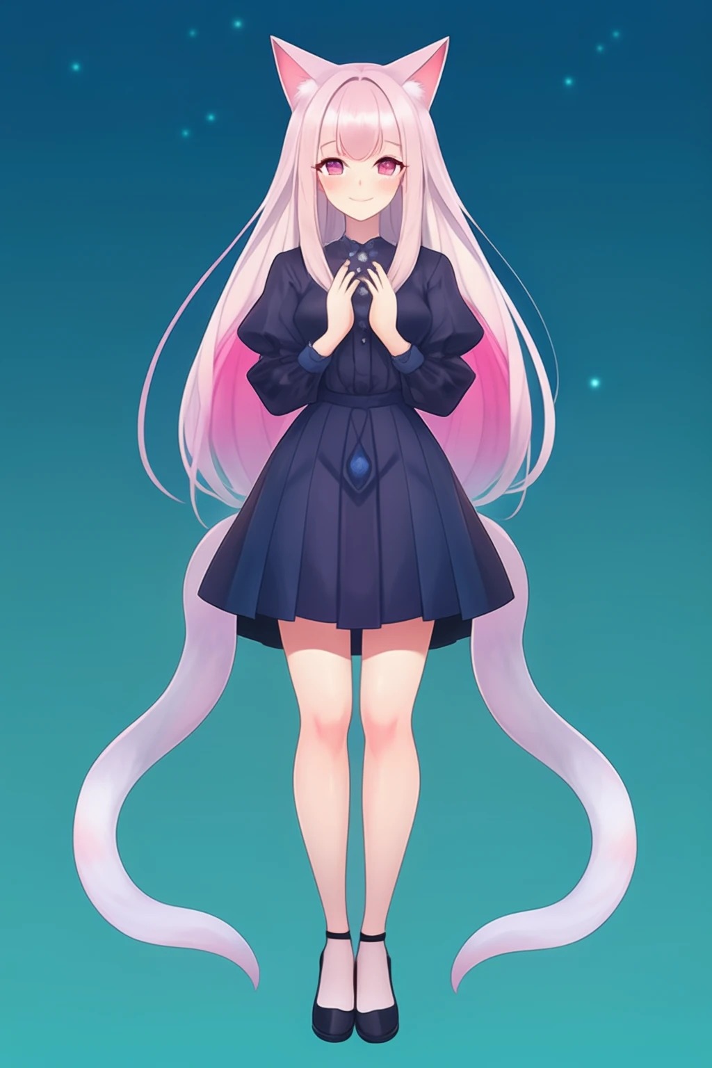newest, 1girl, solo, looking at viewer, blush, light smile, cat ears, long hair, full body,