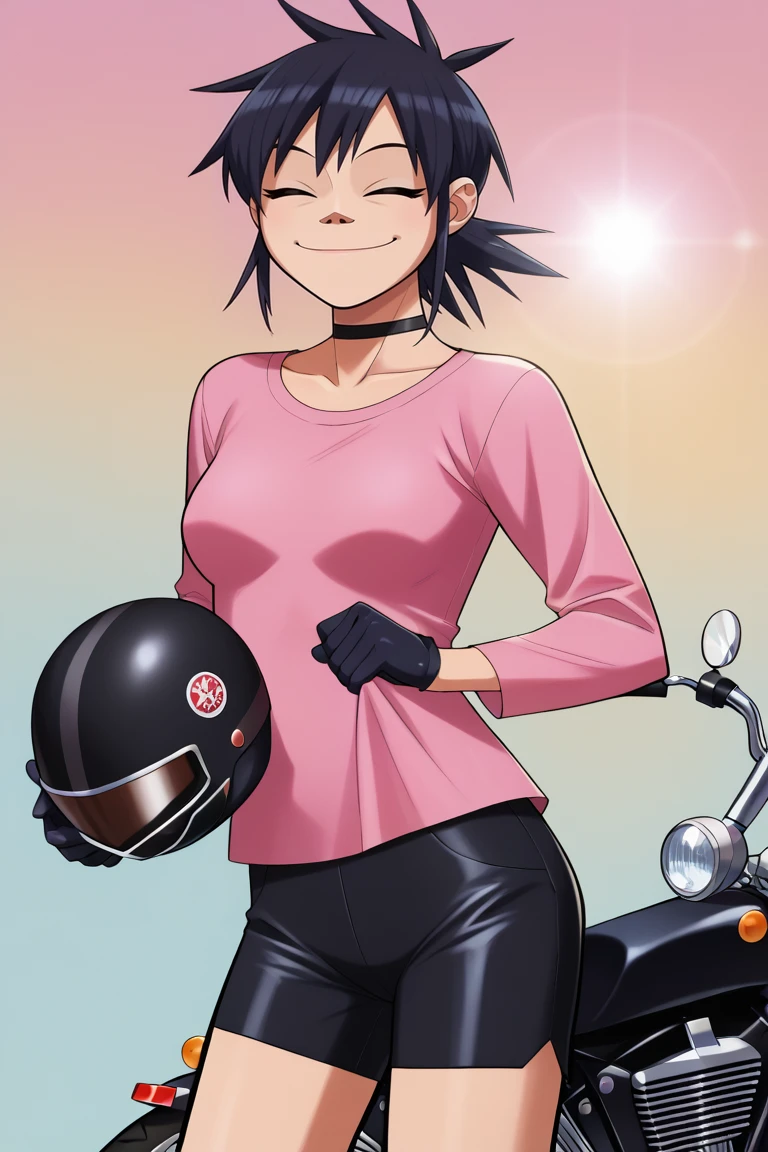 score_9, score_8_up, score_7_up, BREAK, 1girl, solo, breasts,  <lora:noodlegorillaz-guy-PONYv1:.9>, noodlegorillaz, black shorts, pink shirt, long sleeves, motorcycle helmet, black gloves, closed eyes, lens flare, smile, black choker, holding helmet, black hair,