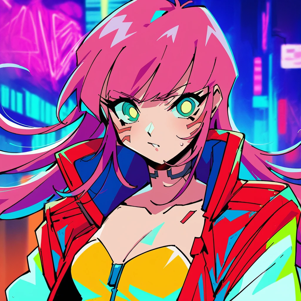 score_9, score_8_up, score_7_up, r4ik4gr4c3,1girl,solo,pink hair, long hair, cyberpunk, sci-fi city background, neon lights, red crop jacket, edgerunners style, yellow crop top, face marks <lora:r4ik4gr4c3_encore:1>