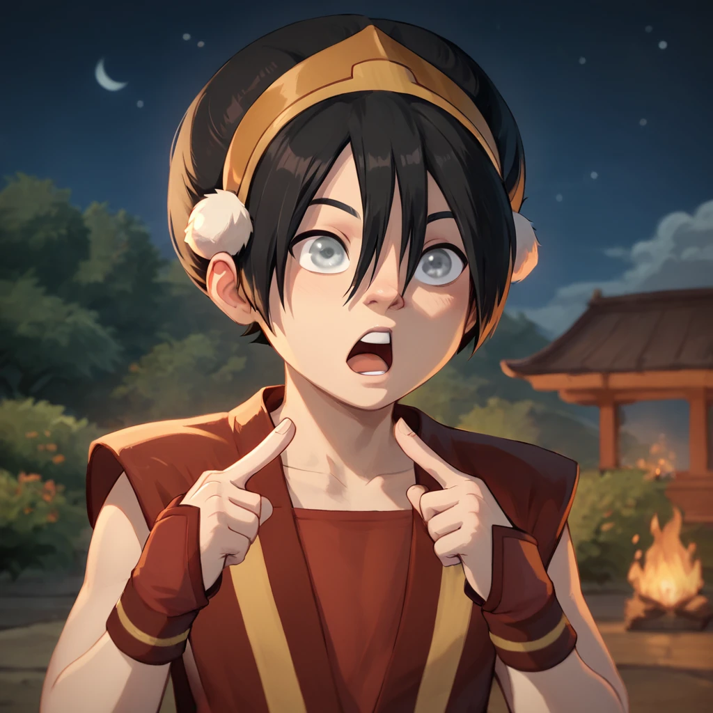 score_9, score_8_up, score_7_up,
Toph Beifong, fire nation clothing,1girl,solo,open mouth,black hair,1boy,hairband,grey eyes,night,pointing,pointing at self,blind
 <lora:Toph_ponyXL:0.6>