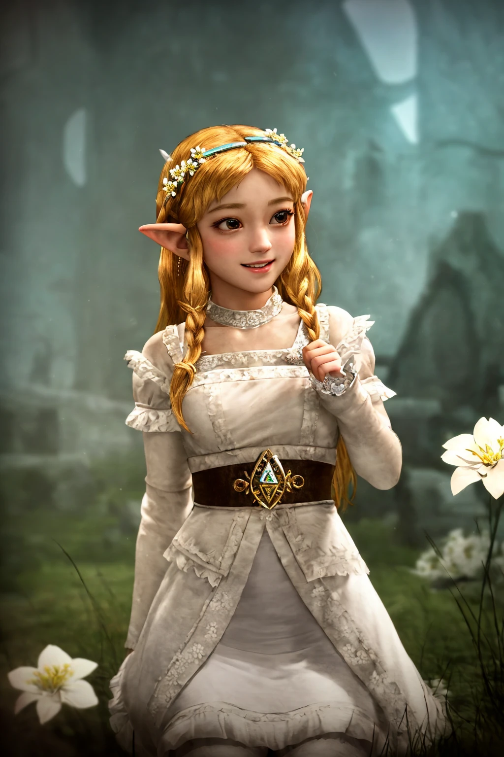 masterpiece, ultra-detailed, best quality, illustration, 8k cg wallpaper, an extremely delicate and beautiful, 1girl, Princess Zelda /(The Legend of Zelda/), solo, perfect anatomy, smiling, blushing, perfect arms, perfect hands, perfect fingers, perfect legs, cute, pretty, beautiful, sexy, perfect body, (background: flowery field, grass, trees, flowers, ruins, intricately detailed items in background), <lora:NeverAlone:1>