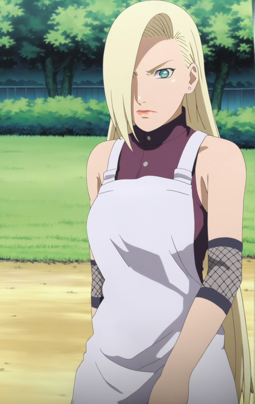 (masterpiece, best quality:1.1),  ino yamanaka, woman, 25 y.o., blank period, chef uniform, angry, scowl, long hair, mesh arm warmers, (white apron:1.1), standing, hands on hip, close-up, in style of Masashi Kishimoto (anime coloring, anime screencap, Naruto anime style), outdoors, park in background, <lora:Ino_Yamanaka_sdxl_v1:1>