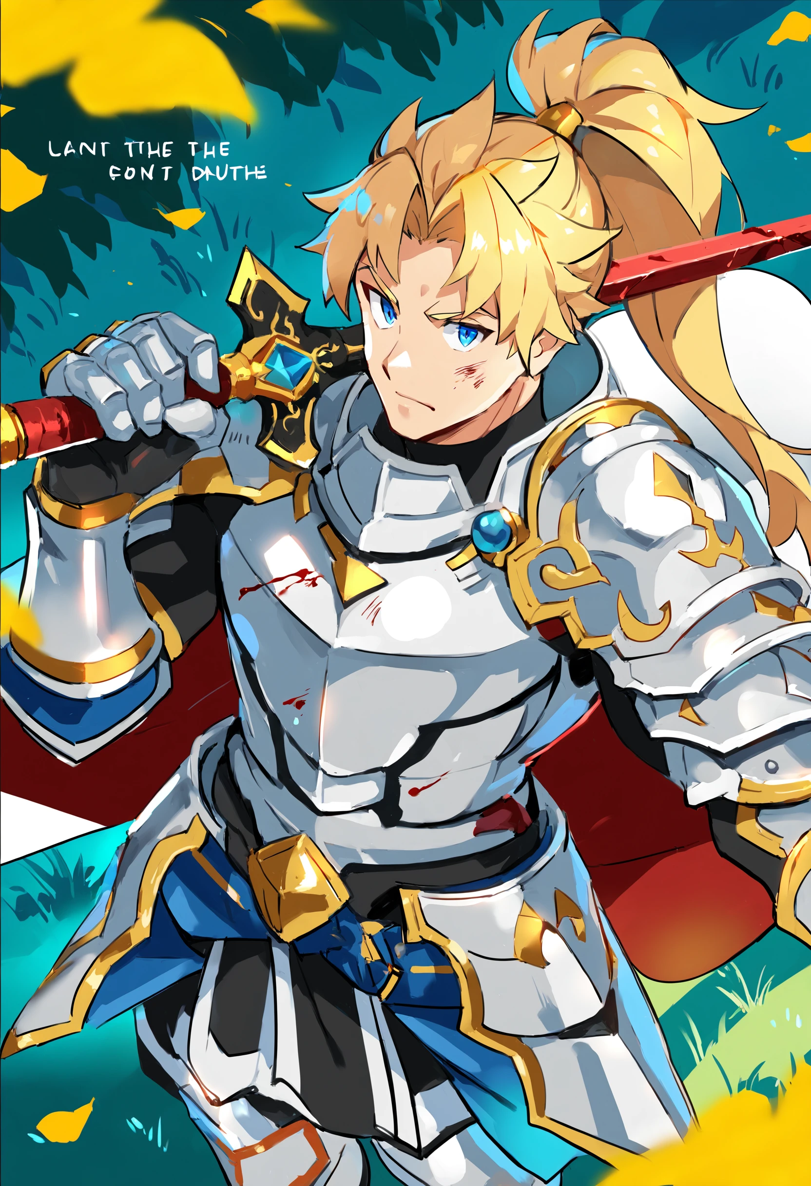 1boy, male focus, solo, best quality, amazing quality, best aesthetic, absurdres, tofulabo <lora:tofulabo_AnimeBoysXL_v1.0:1>, armor, blonde hair, blood, blood on weapon, blue eyes, breastplate, cape, closed mouth, english text, gauntlets, grass, holding, holding sword, holding weapon, injury, looking at viewer, polearm, ponytail, shoulder armor, standing, sword, weapon