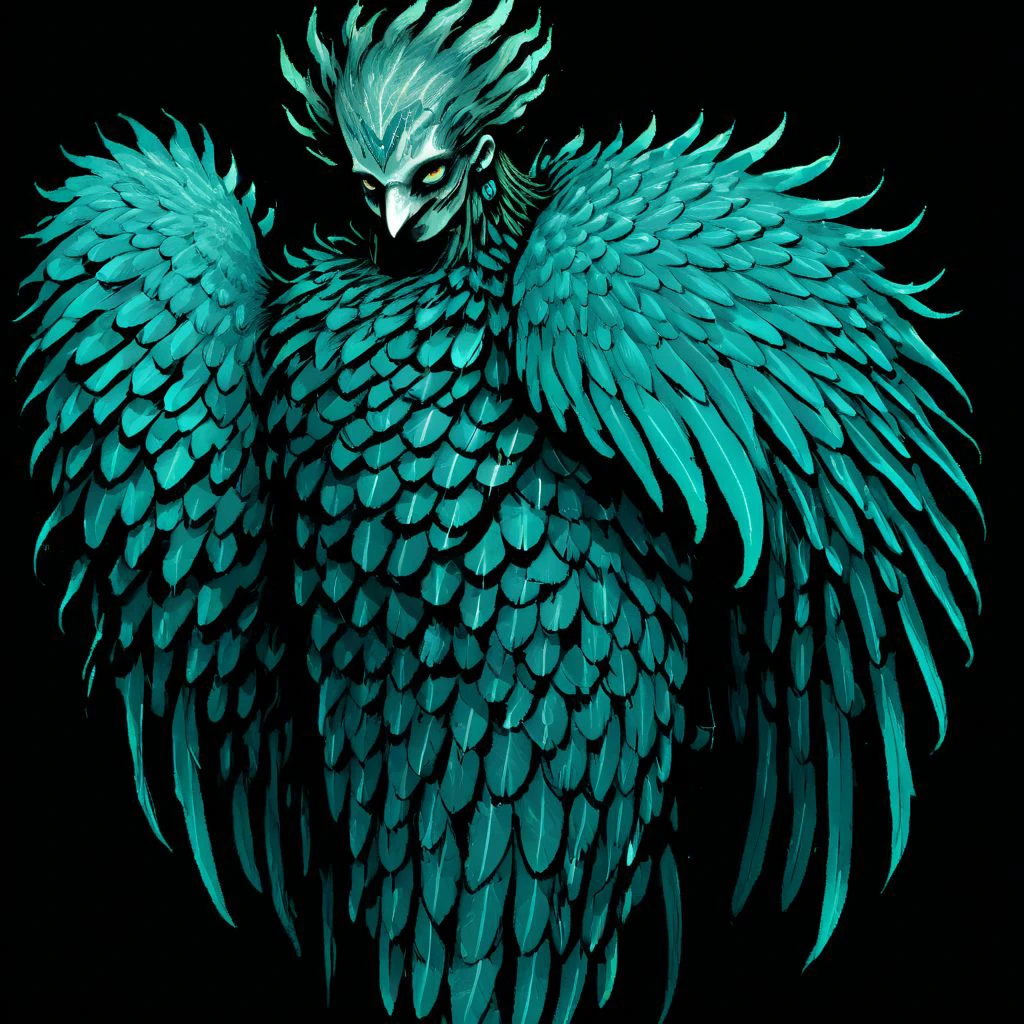 wizardry, illustration, beautiful Female monster, Humanoid  Creature, feathers, long bird leg talons, black background, tattoos, holding a spear, mythical, mint turquoise color palette, Harpy