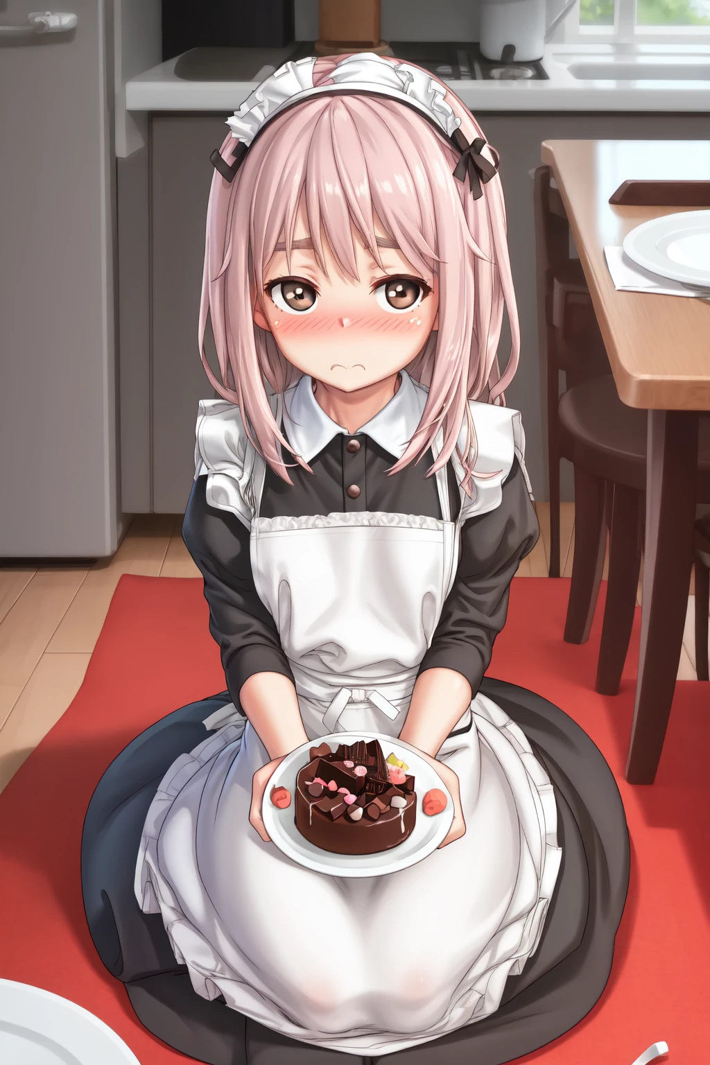 (masterpiece, best quality:1.2),
1girl, (:t, puffy cheeks:1.4), surprised, shocked, (full-face blush:1.2), looking down, long hair, pink hair, brown eyes BREAK
(maid dress:1.2), sitting, on floor, seiza
BREAK from above, eating, holding plate, chocolate cake, (food on face), kitchen